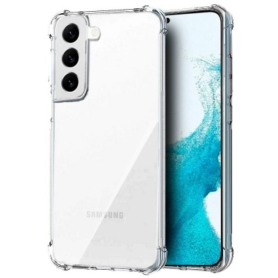 Smartphone Samsung branco com capa transparente e ecrã azul branco