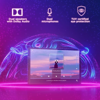 Tablet com interface musical e ícones de tecnologia em fundo roxo e azul