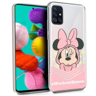 Smartphone com capa transparente e desenho da Minnie Mouse com laço rosa e texto #WorkoutQueen