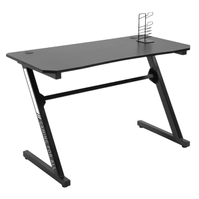 Mesa de gaming preta com suporte para auscultadores e texto 'GAMING FOR ALL'