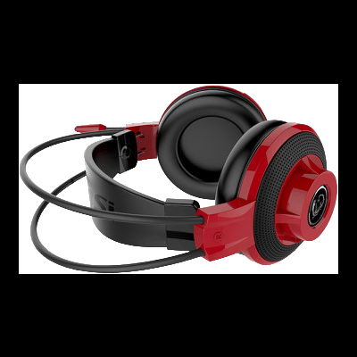 Auriculares sobre a orelha preto e vermelho com almofadas e estrutura ajustável