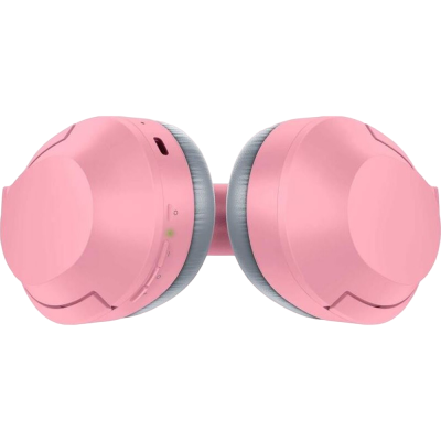 Auriculares rosa com almofadas cinza e botões