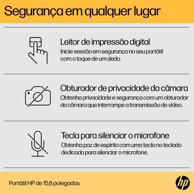 Informação de segurança do portátil HP com funcionalidades de leitor de impressão digital, obturador de câmara e tecla para silenciar microfone.