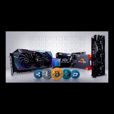 Componentes de computador e moedas físicas de criptomoedas num fundo cinzento