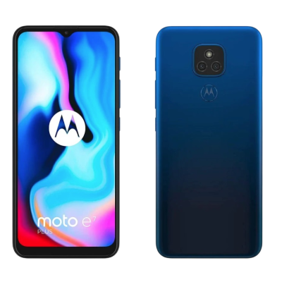 Smartphone Motorola moto e PLUS azul com ecrã frontal e traseira visíveis.