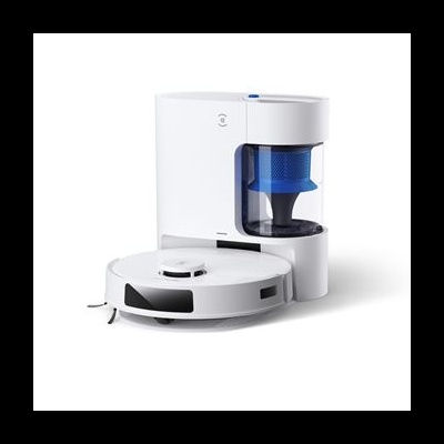 Aspirador robô branco com base de carregamento e depósito azul e transparente