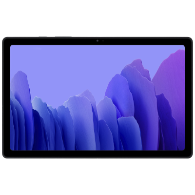 Tablet preto com ecrã a mostrar padrão azul e roxo