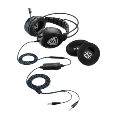 Headset preto com microfone e cabo enrolado azul e preto
