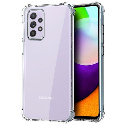 Smartphone Samsung lilás com capa protetora transparente e ecrã colorido