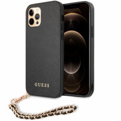 Capa preta para telemóvel GUESS com corrente dourada e preta.