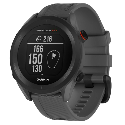 Relógio desportivo Garmin Approach S12 cinza e preto com bracelete de silicone.