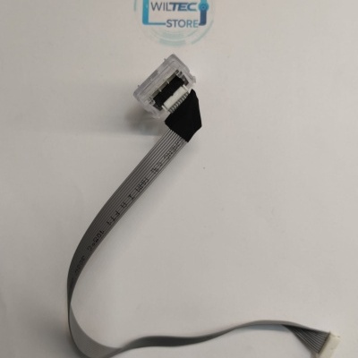 Cabo plano cinzento com conectores brancos em ambas as extremidades sobre fundo branco com selo WILTEC STORE