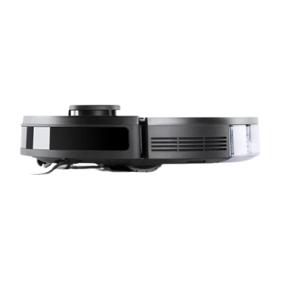 Robô aspirador de pó preto com design circular e sensores