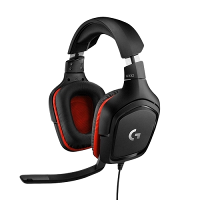 Auscultadores gaming Logitech G332 em preto com detalhes vermelhos e microfone ajustável