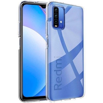 Smartphone azul claro Redmi com capa transparente e câmara tripla