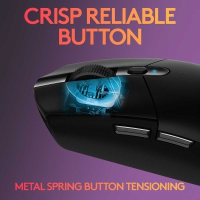 Rato preto com roda de clique texturizada e texto promocional em fundo gradiente