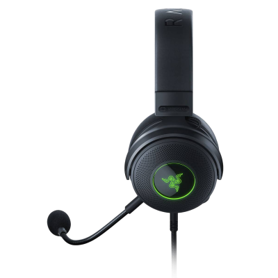 Headset preto com luz verde Razer e microfone flexível