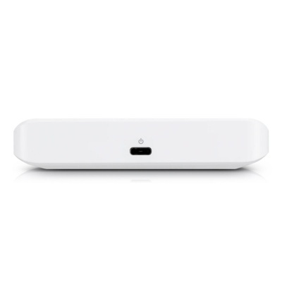 Dispositivo eletrónico branco com porta USB-C e símbolo de ligar/desligar