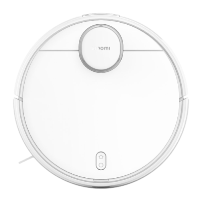 Robô aspirador branco redondo Xiaomi com botão frontal