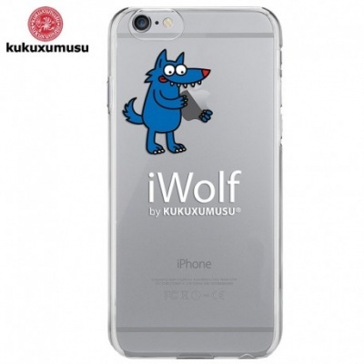 Capa transparente para iPhone com desenho de lobo azul cartoon e texto iWolf by KUKUXUMUSU