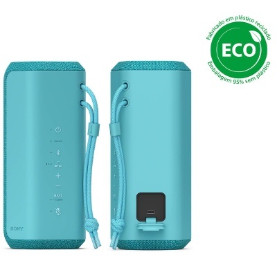 Coluna portátil Bluetooth Sony azul turquesa com botões e entrada USB
