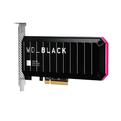 Placa de expansão SSD WD_BLACK preta com detalhes em branco e rosa