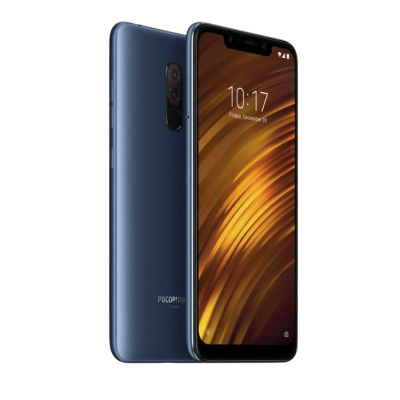 Smartphone azul escuro POCOPHONE com ecrã ligado mostrando hora e data