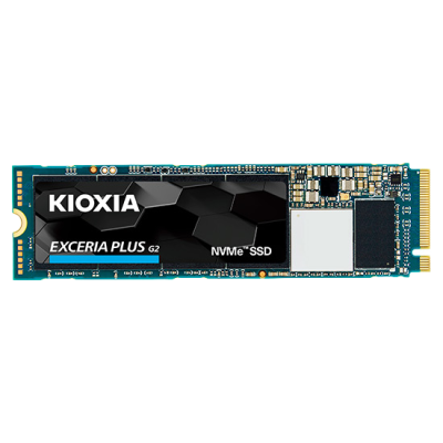 SSD NVMe KIOXIA EXCERIA PLUS G2 com etiqueta preta e placa azul M.2