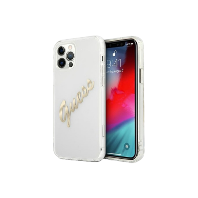Telemóvel Apple iPhone com capa branca Guess e logótipo dourado