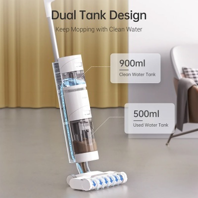 Dispositivo de limpeza vertical com dois tanques de água, em ambiente interior