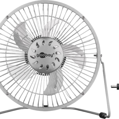 Ventoinha metálica prateada com protector e cabo USB preto