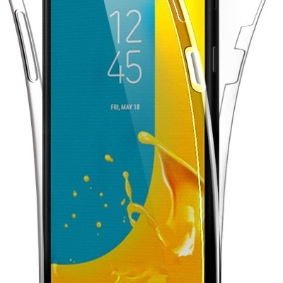 Smartphone preto com capa protetora transparente