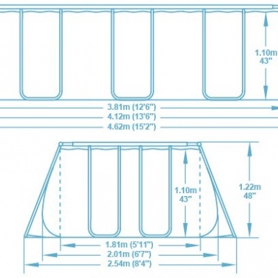 Diagrama técnico em azul com dimensões em metros e pés de uma estrutura retangular com divisórias