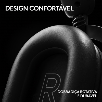 Parte acolchoada preta de auscultadores com texto branco ao fundo