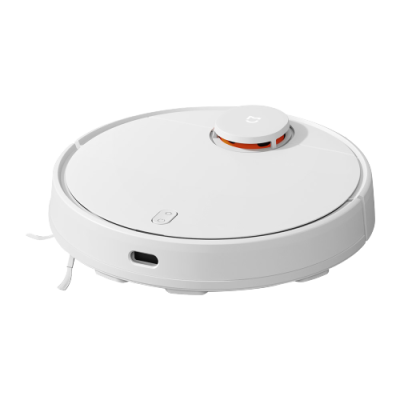 Robot aspirador redondo branco com botão superior e sensores