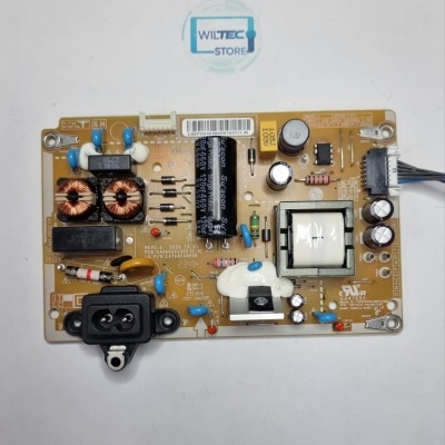 Placa eletrónica amarela com capacitores, bobinas de cobre, resistências e conector preto