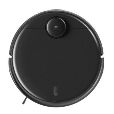 Robô aspirador preto redondo com texto 
