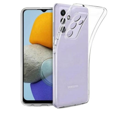 Smartphone Samsung lilás com capa transparente