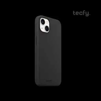 Capa protetora preta para smartphone com abertura para câmera e texto tecfy.