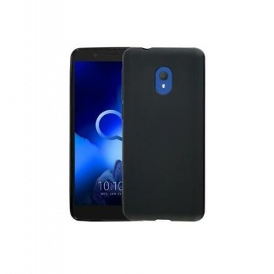 Smartphone preto com capa protetora preta e detalhe azul na câmara