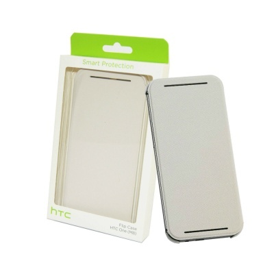 Capa flip branca para HTC One M8 e embalagem com texto