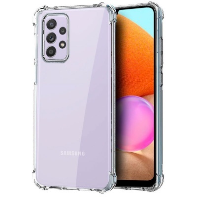 Smartphone Samsung lilás com capa transparente mostrando traseira e ecrã frontal colorido
