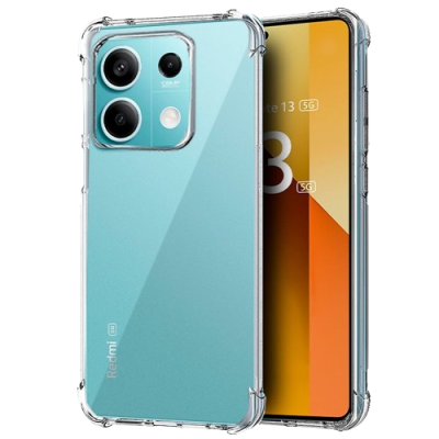 Smartphone Redmi 13 5G azul com capa transparente mostrando frente e verso