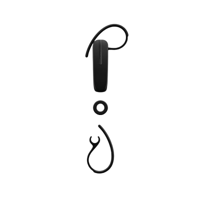 Auricular Bluetooth preto com peças de borracha para ajuste em fundo branco