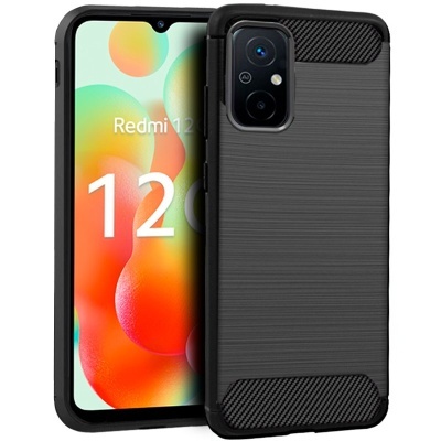 Smartphone Redmi 12 com capa preta texturada e ecrã colorido