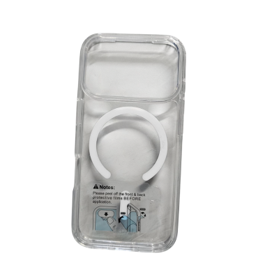 Capa protetora transparente para smartphone com contorno branco e etiqueta com instruções.