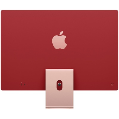 Computador Apple iMac vermelho com suporte rosa