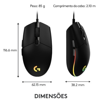 Rato gaming preto com luzes RGB e dimensões destacadas