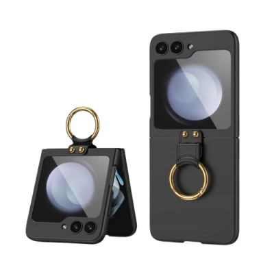 Capa de smartphone preta com anel dourado em duas posições variadas