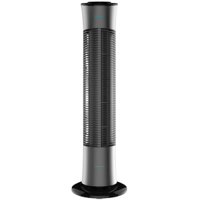 Ventoinha torre preta e cinzenta com grelha frontal e base circular